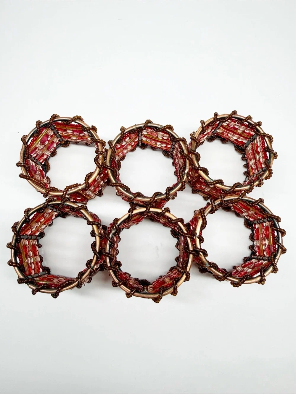 Pier 1 Copper Frame Beaded Napkin Rings Red